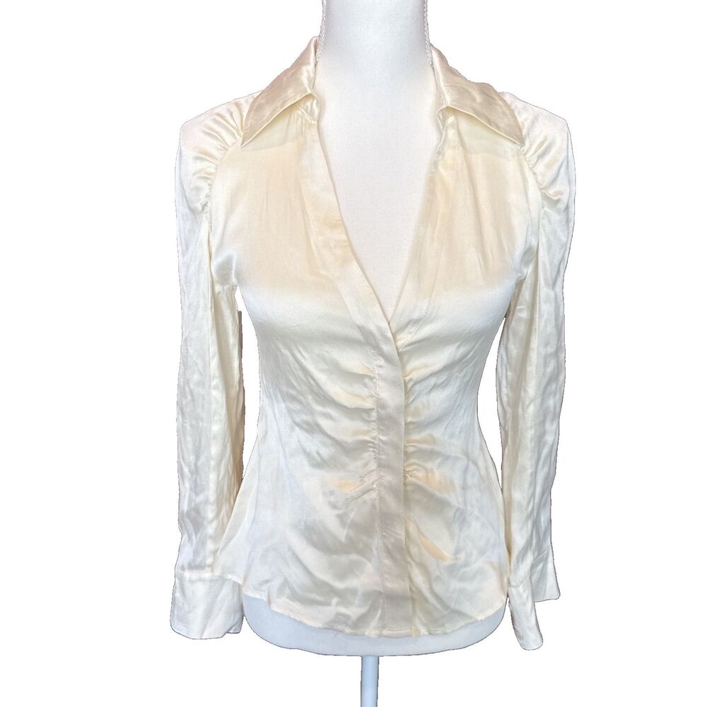 Intermix Silk Button Down Blouse Size 2 Ivory Ecru Small Flaws